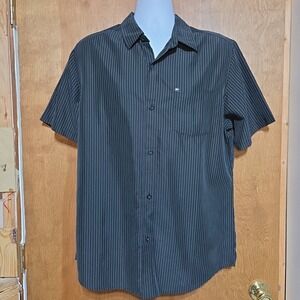 Quiksilver Mens Large Black White Pinstripe Short Sleeve Button Up Surf Shirt